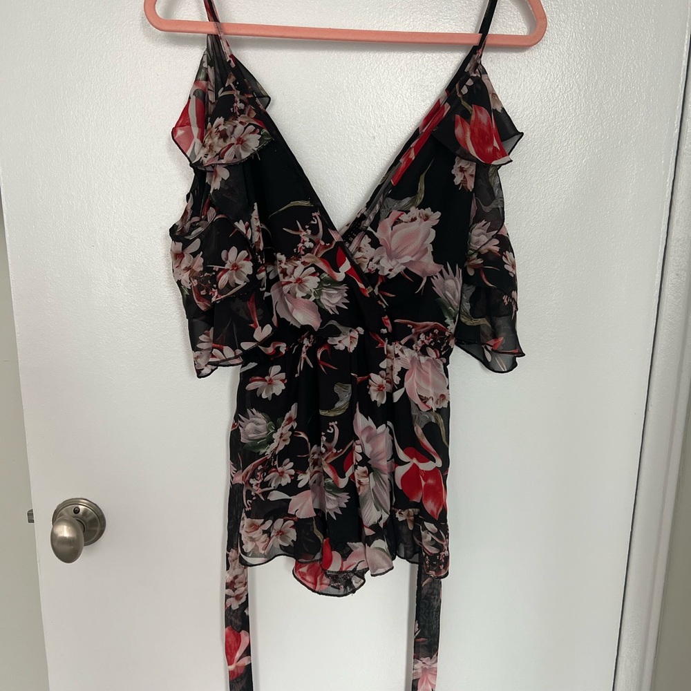 Floral Black and Red Ruffle romper